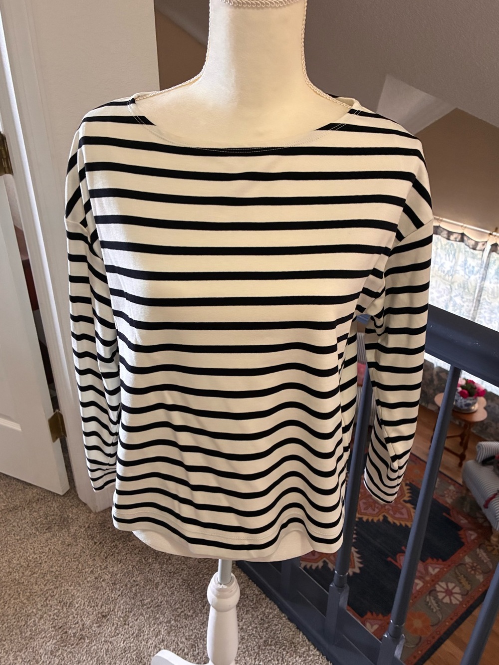 Spanx Black & White Striped Long-Sleeve Boatneck Top